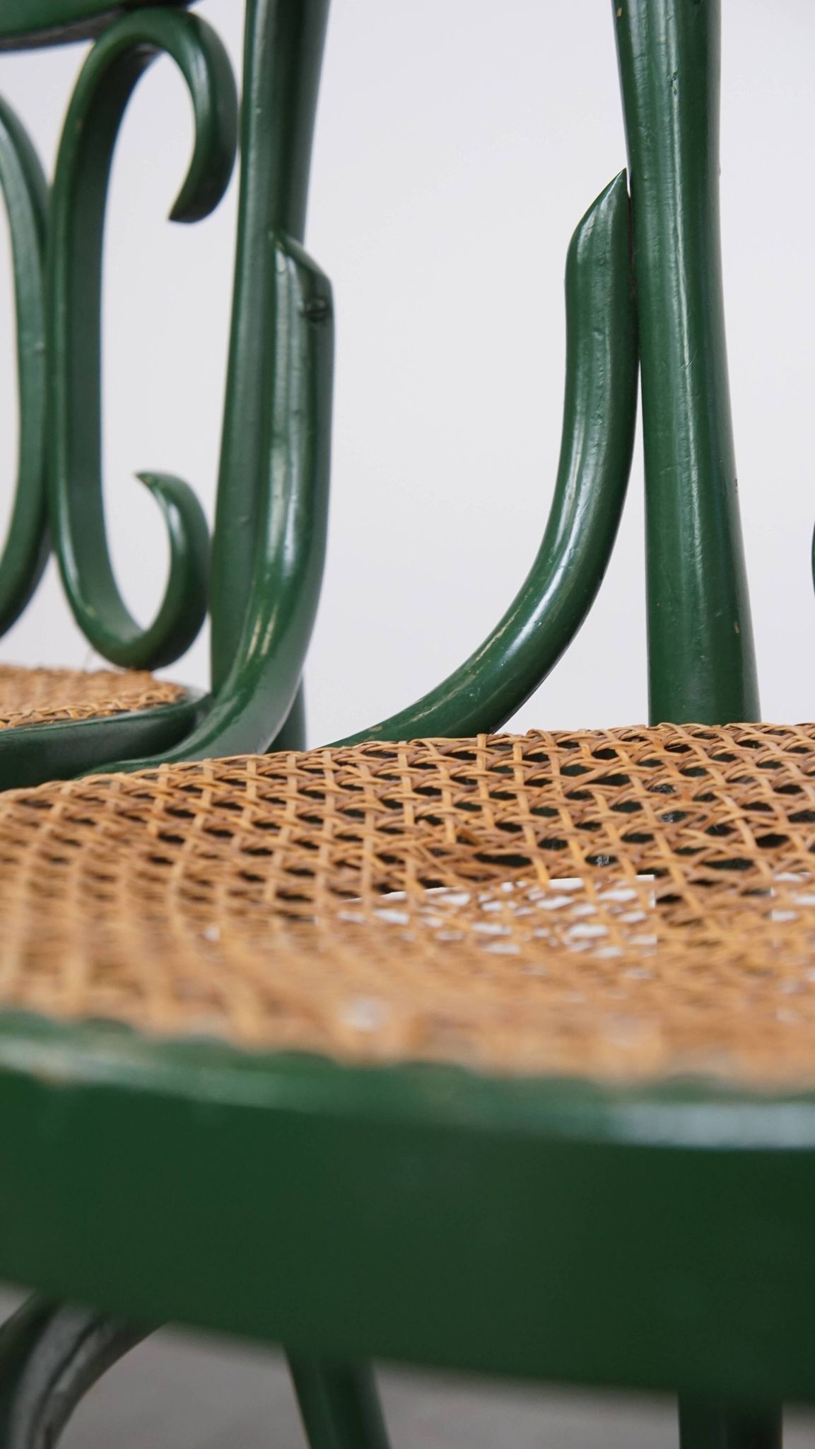 Set of 4 Green Vintage Bistro Chairs with Woven Rattan Seats