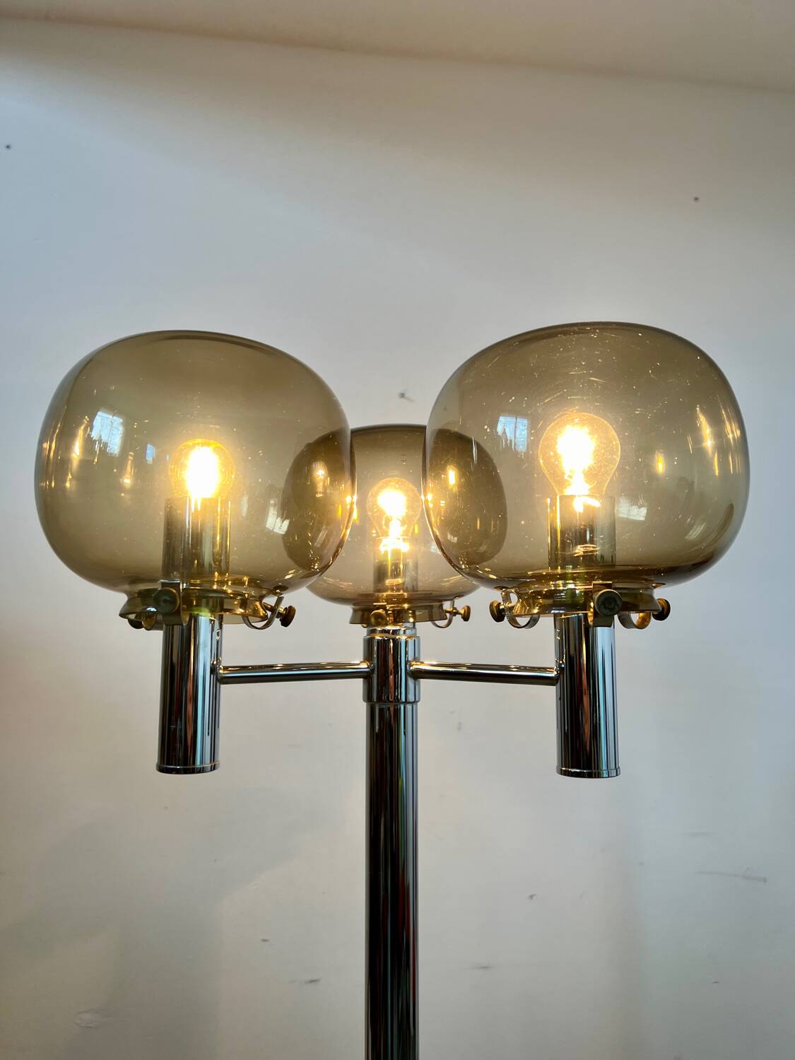 Old 3-light chrome and smoked glass floor lamp Italian design from the 70s vintage