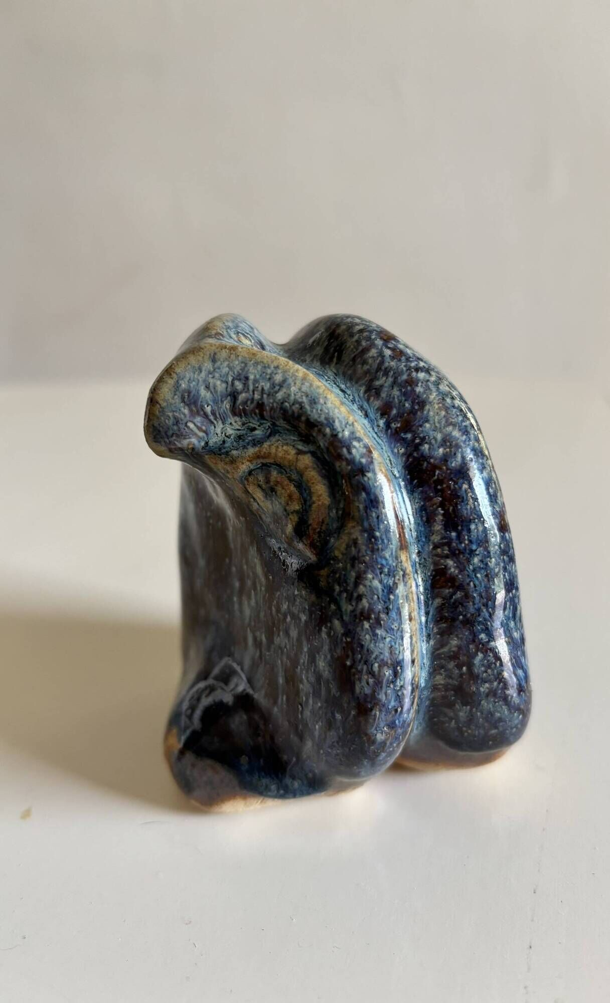 Miniature owl figurine in raku ceramic by Annie Maume, Vintage 1970.