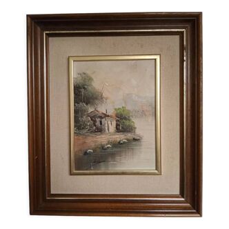Painting on panel an abandoned house by a river signed