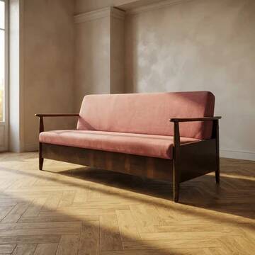 Burgundy folding sofa bed by Edmund Homa, mid-century modern, 1960s, Czechoslovakia, 200 × 88 × 80 cm