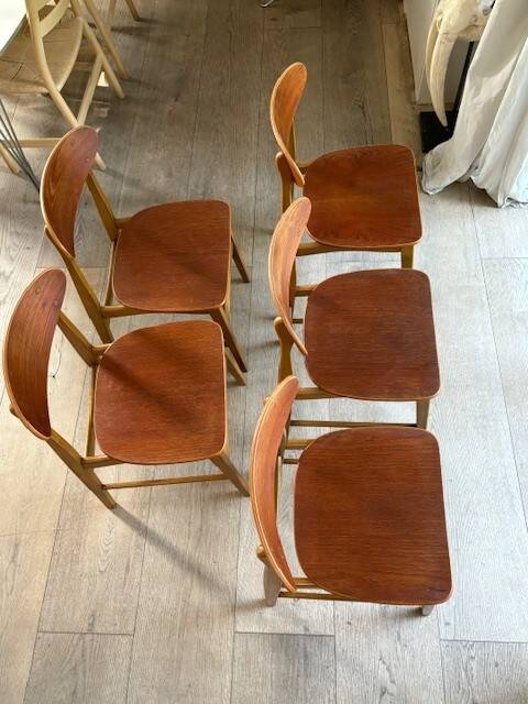 5 beech and teak chairs - Denmark 50s/60s