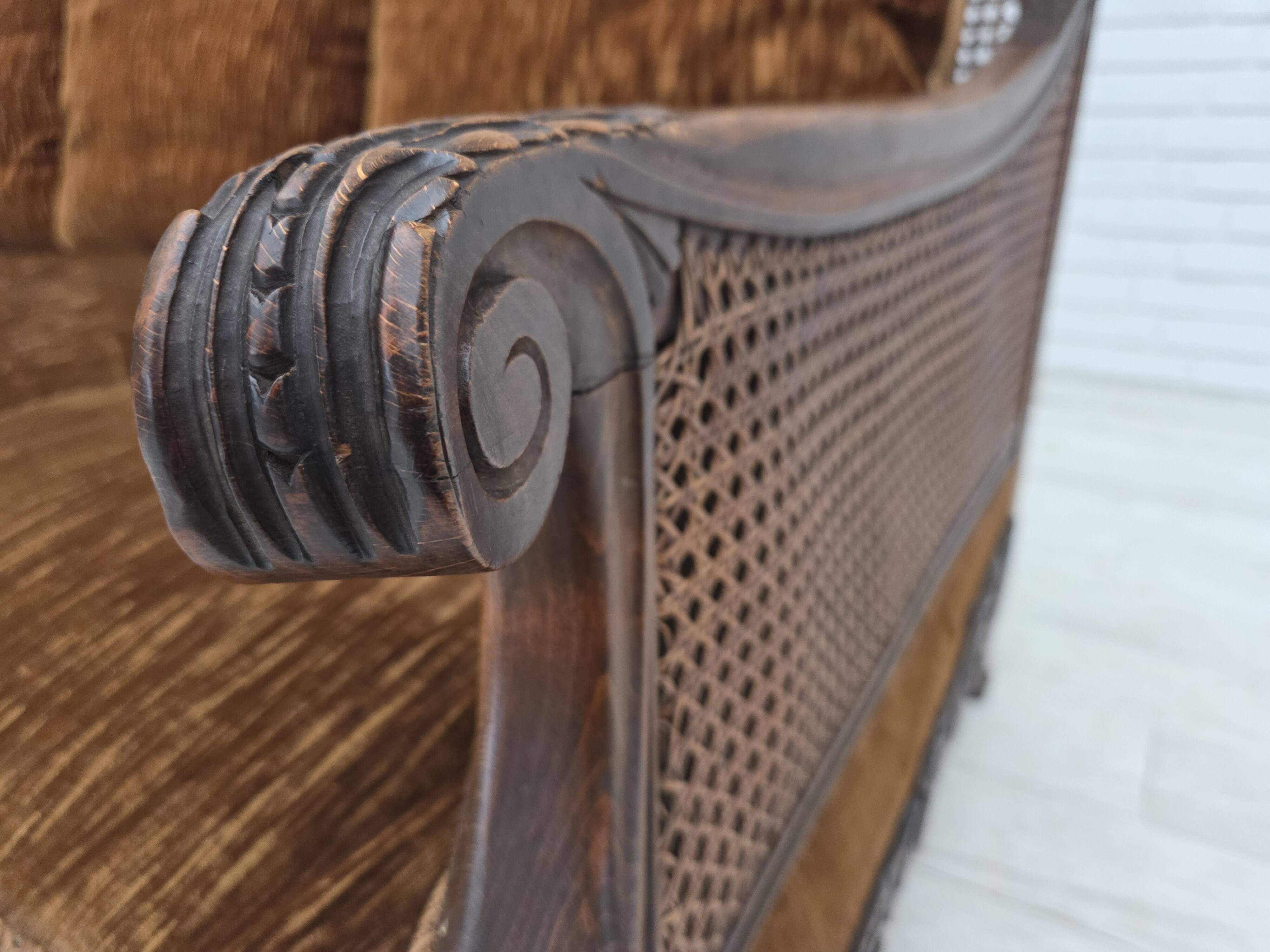 1930-35s, Danish 3-seater sofa, furniture velour, furniture mesh, ash wood.