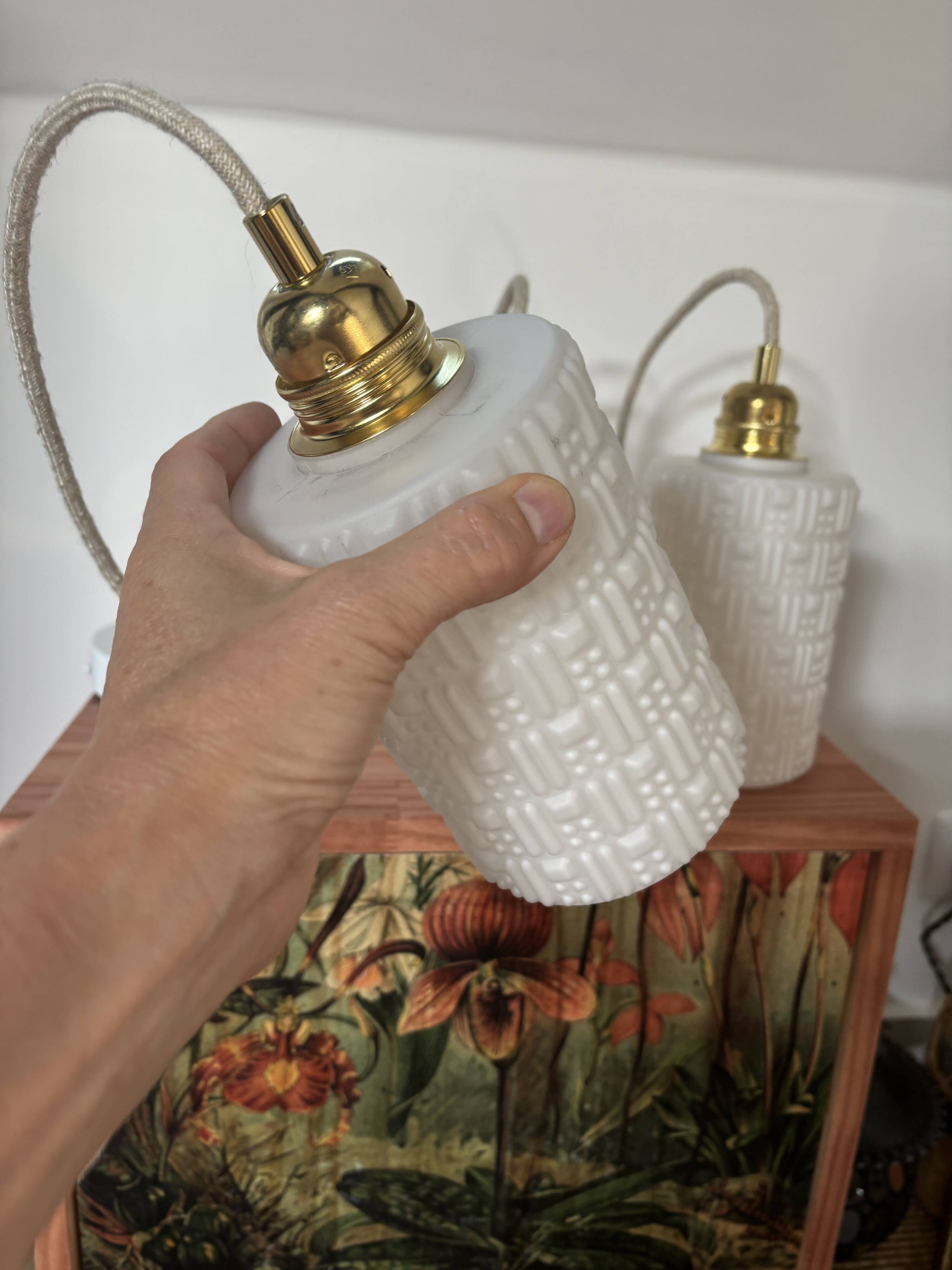 Set of three white Scandinavian opaline pendant lights