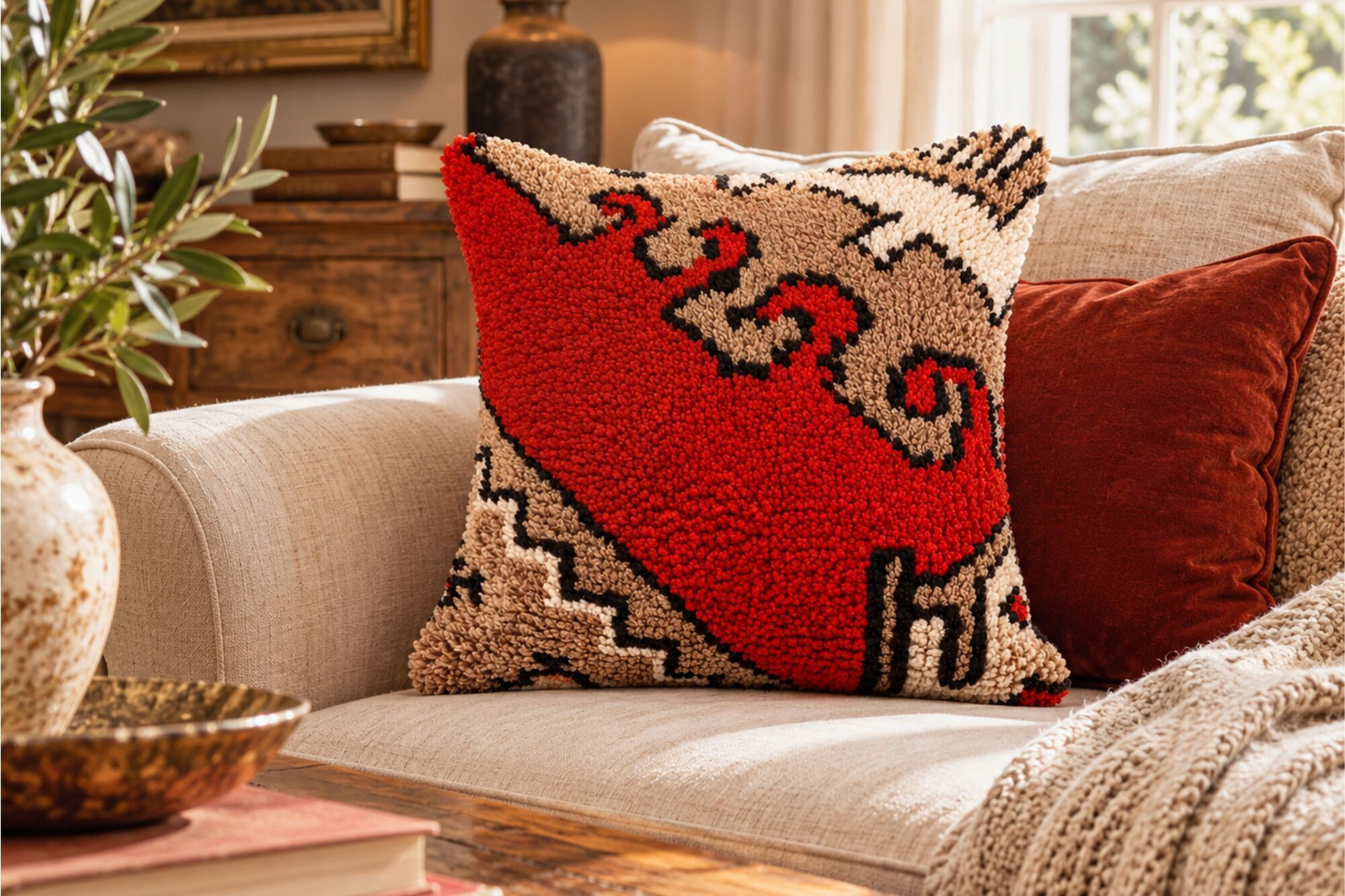 Traditional Red Wool Cushion Cover, Vintage Turkish Kilim Pillow Home Decor