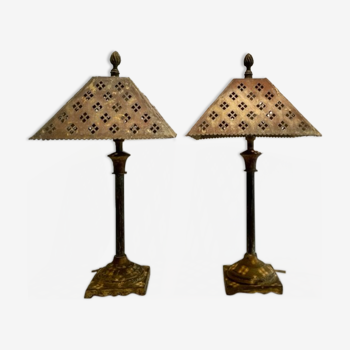 Duo of vintage lamps in painted and patinated brass