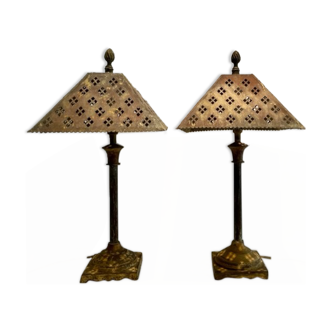Duo de  lampes vintage en laiton peint et patiné
