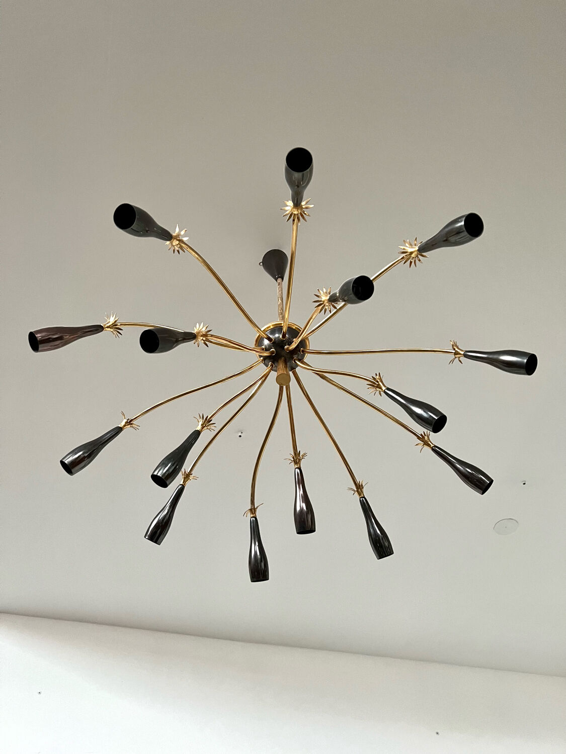 Old spider chandelier Italian metal, vintage Sputnik lamp 15 lights