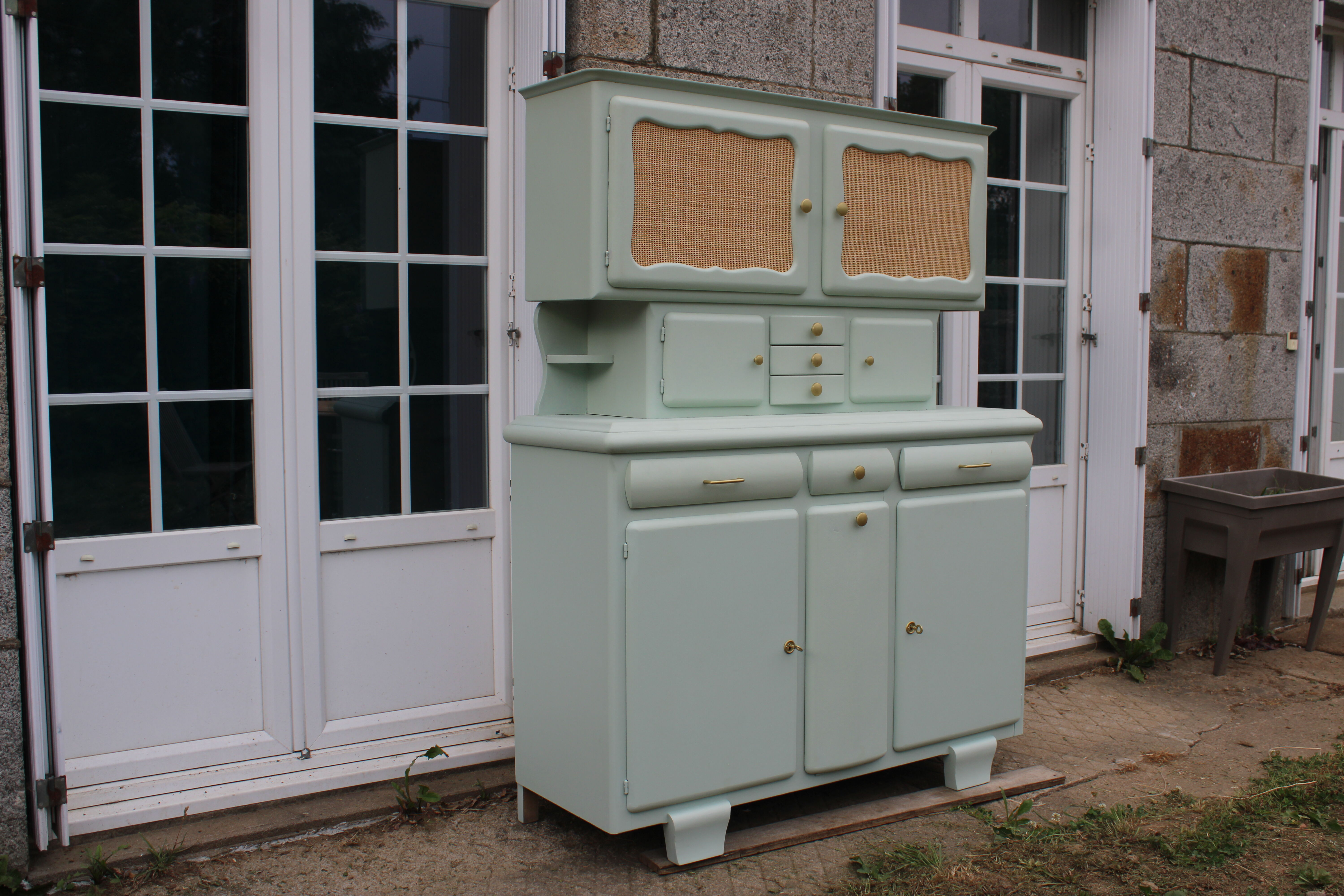 Renovated vintage Mado sideboard – Celadon green & natural cane