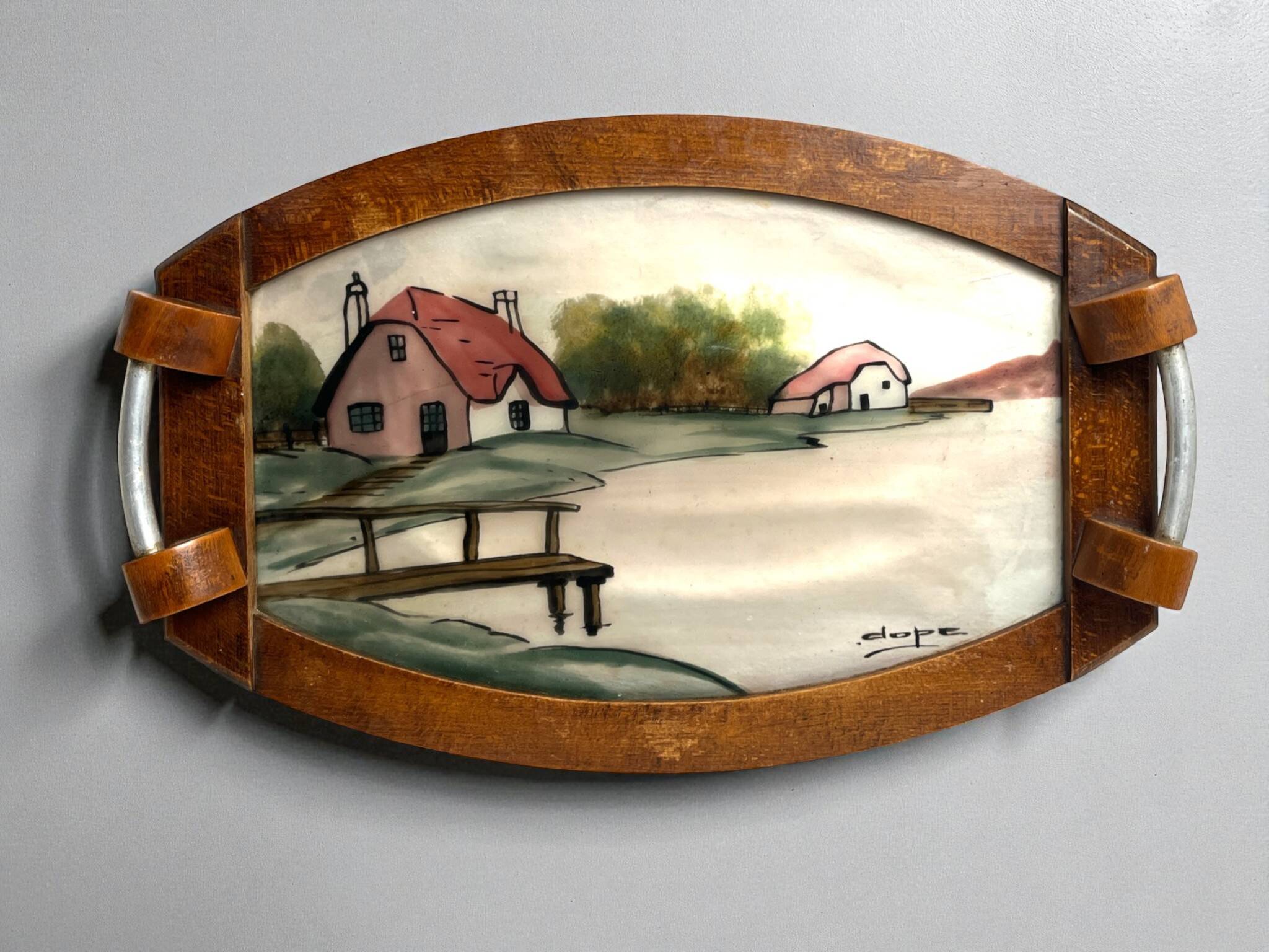 Art Deco, painted glass top, wooden frame, signed Dope, circa 1930