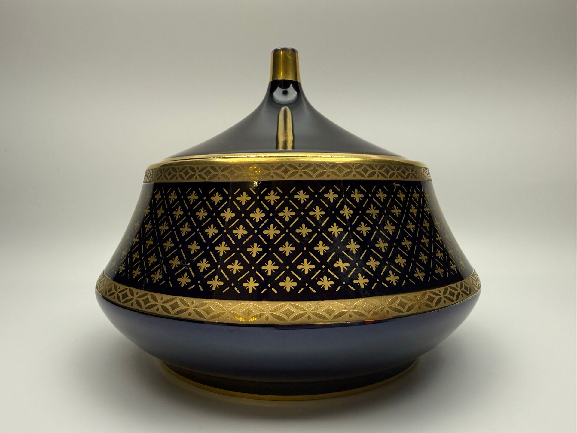 Vintage cobalt blue and gold porcelain bonbonnière.
