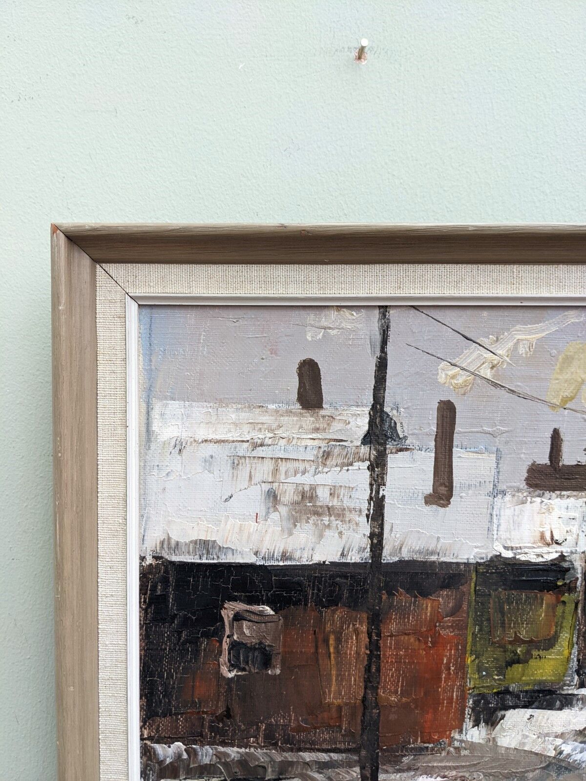 Mid-Century Modern Swedish "Chimneys" Vintage Winter Street Scene Oil Painting, Framed