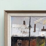 Mid-Century Modern Swedish "Chimneys" Vintage Winter Street Scene Oil Painting, Framed