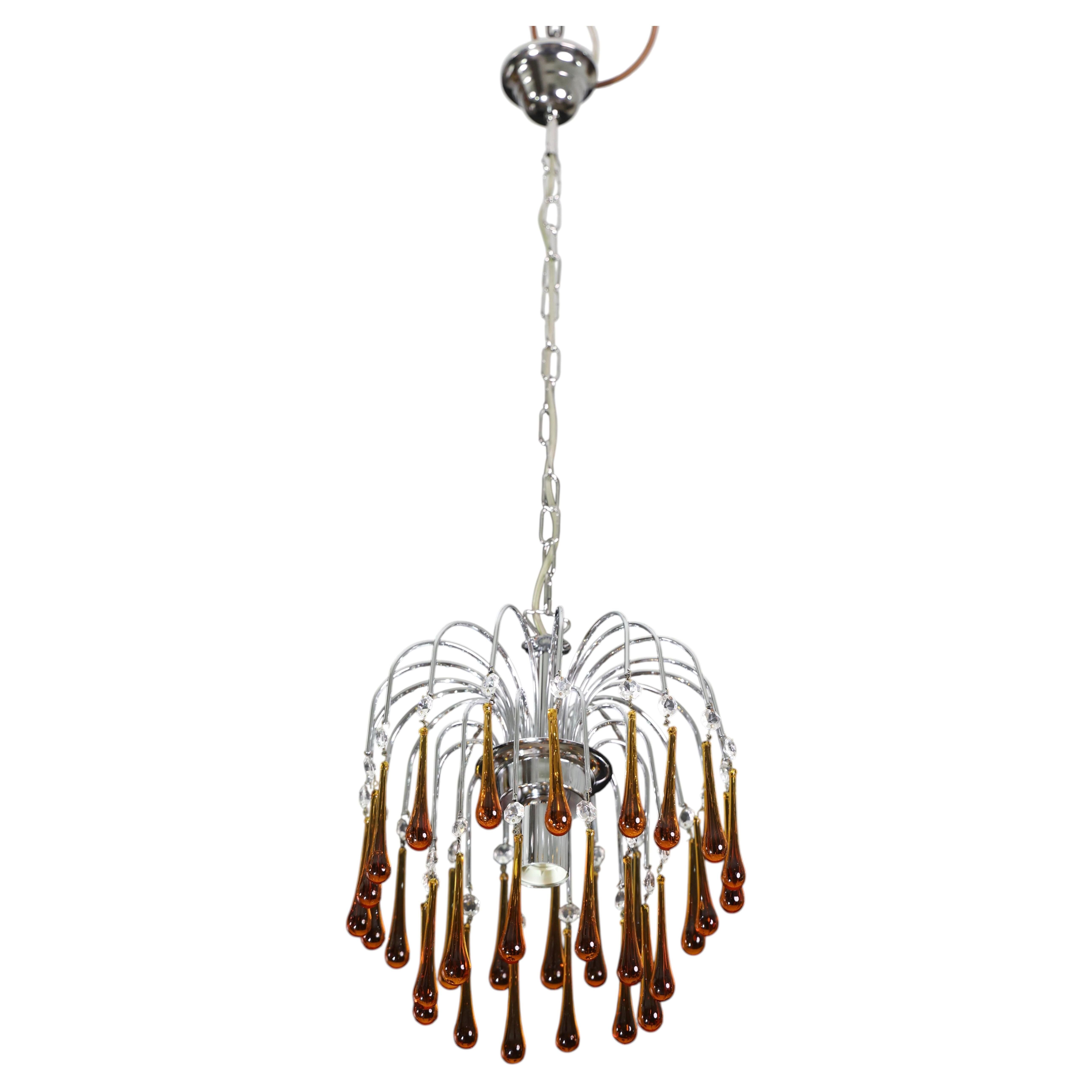 The Amber Crown, Murano Chandelier Amber and Crystal Drops, 1970s
