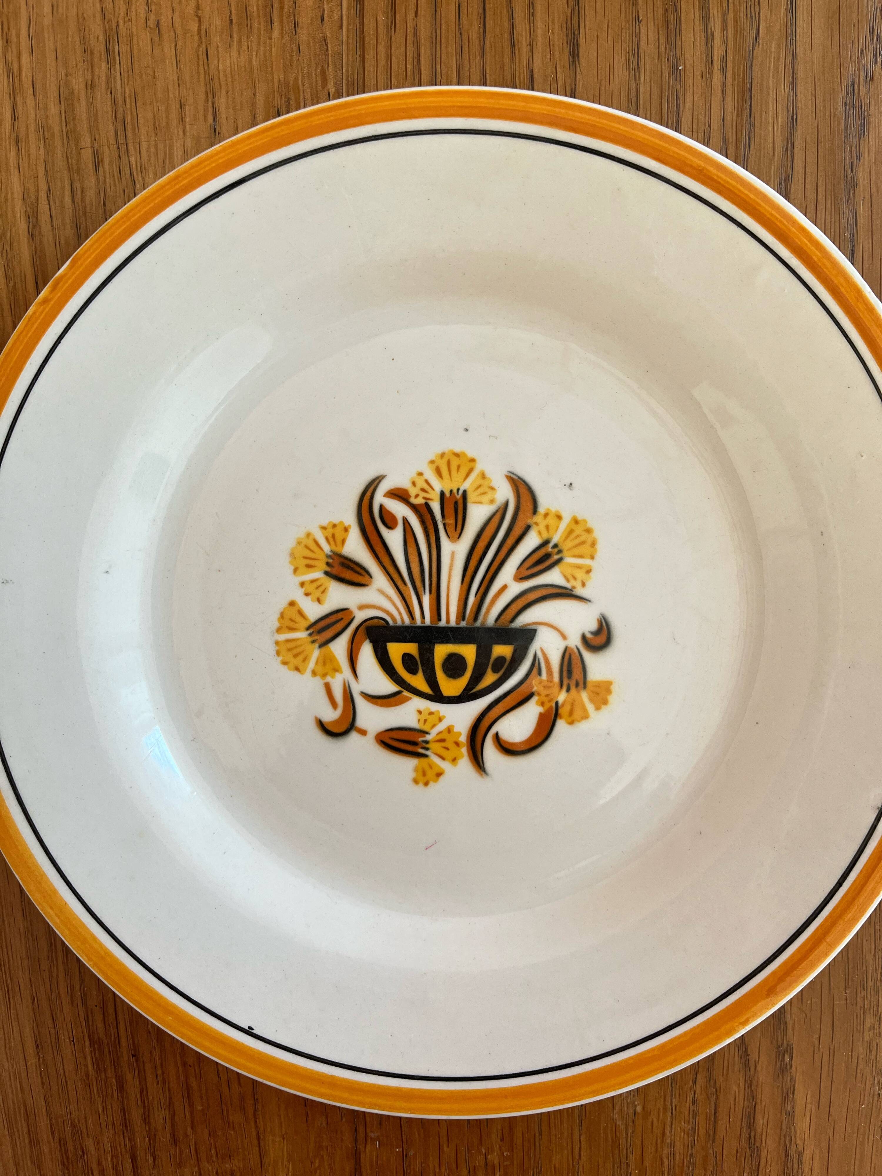 2 flat ironstone plates, Carnations, Creil and Montereau