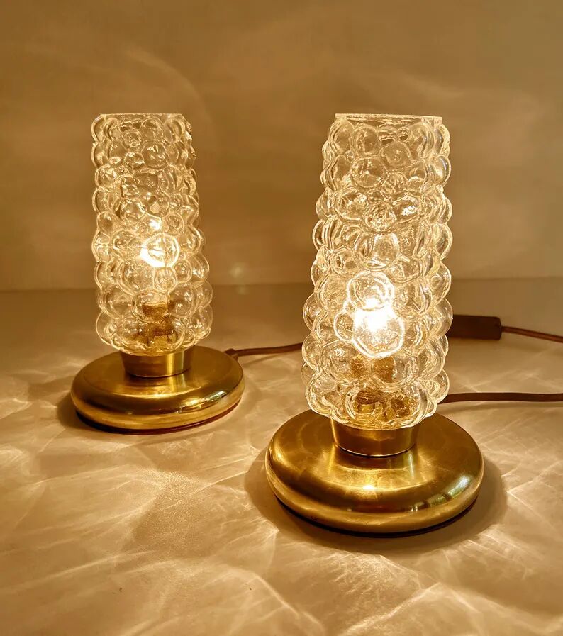 Pair Vintage Bubble Glass Table Lamps, Bedside, Brass