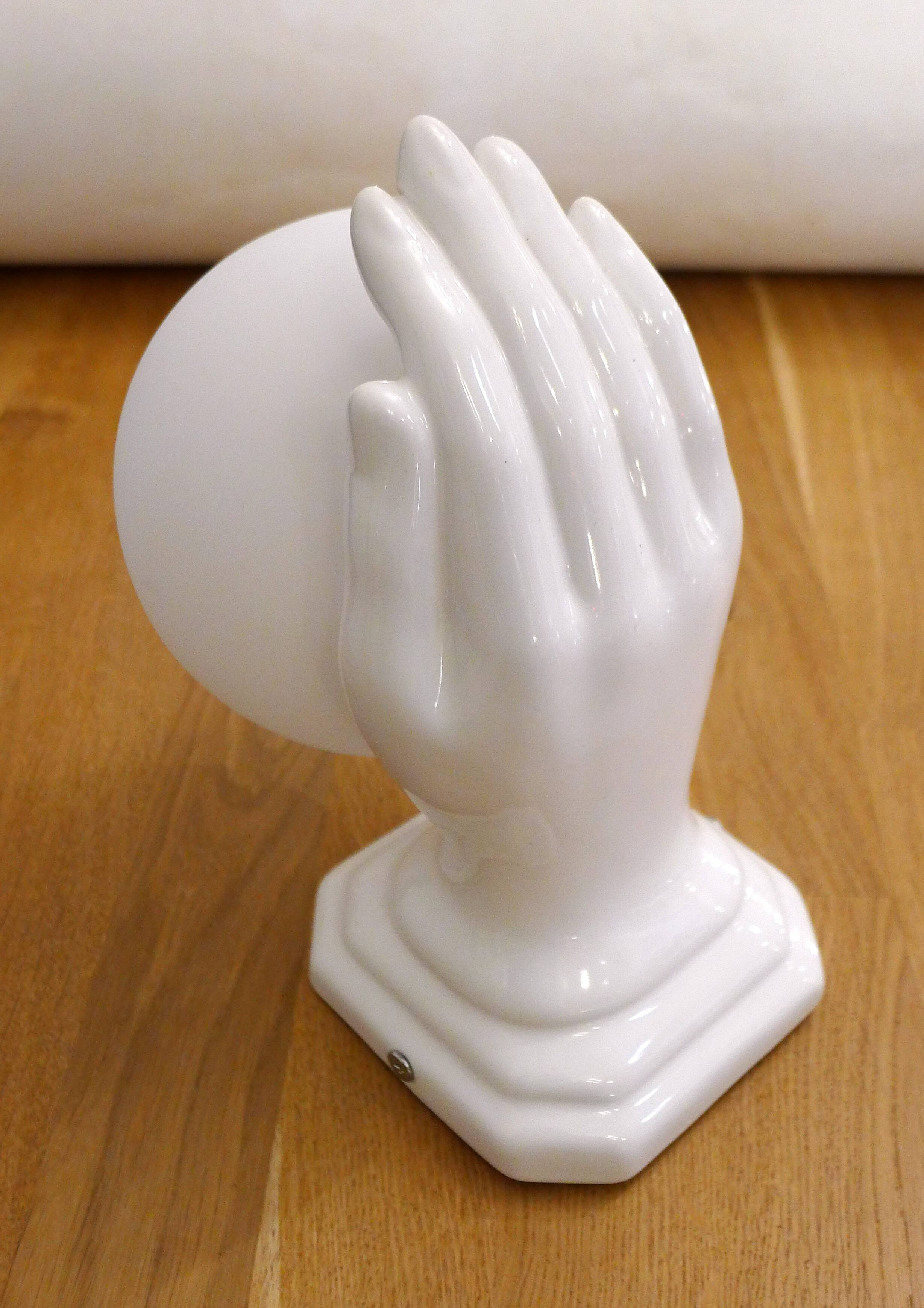 Vintage wall lamp with outstretched hand & opaline globe