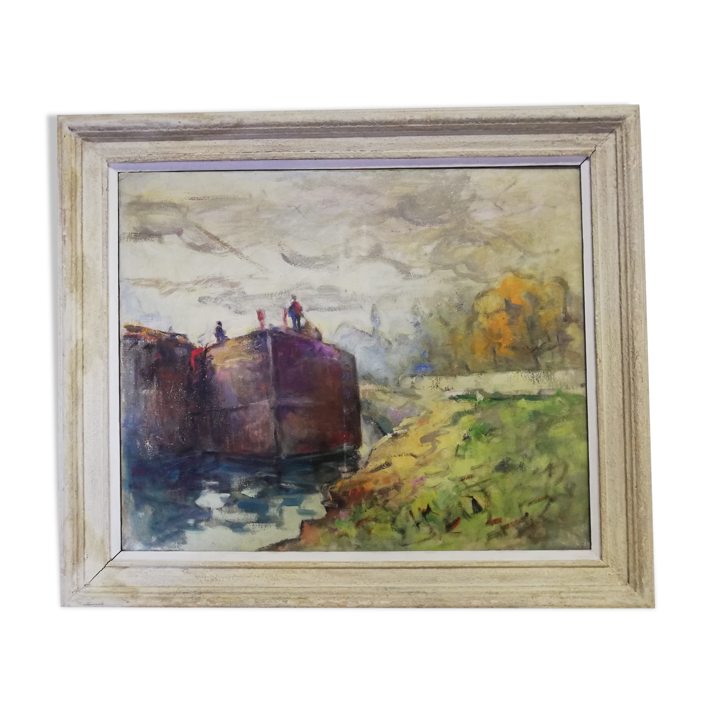 Oil on canvas "barge on the banks of the Seine"