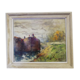 Oil on canvas "barge on the banks of the Seine"