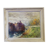 Oil on canvas "barge on the banks of the Seine"