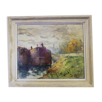 Oil on canvas "barge on the banks of the Seine"