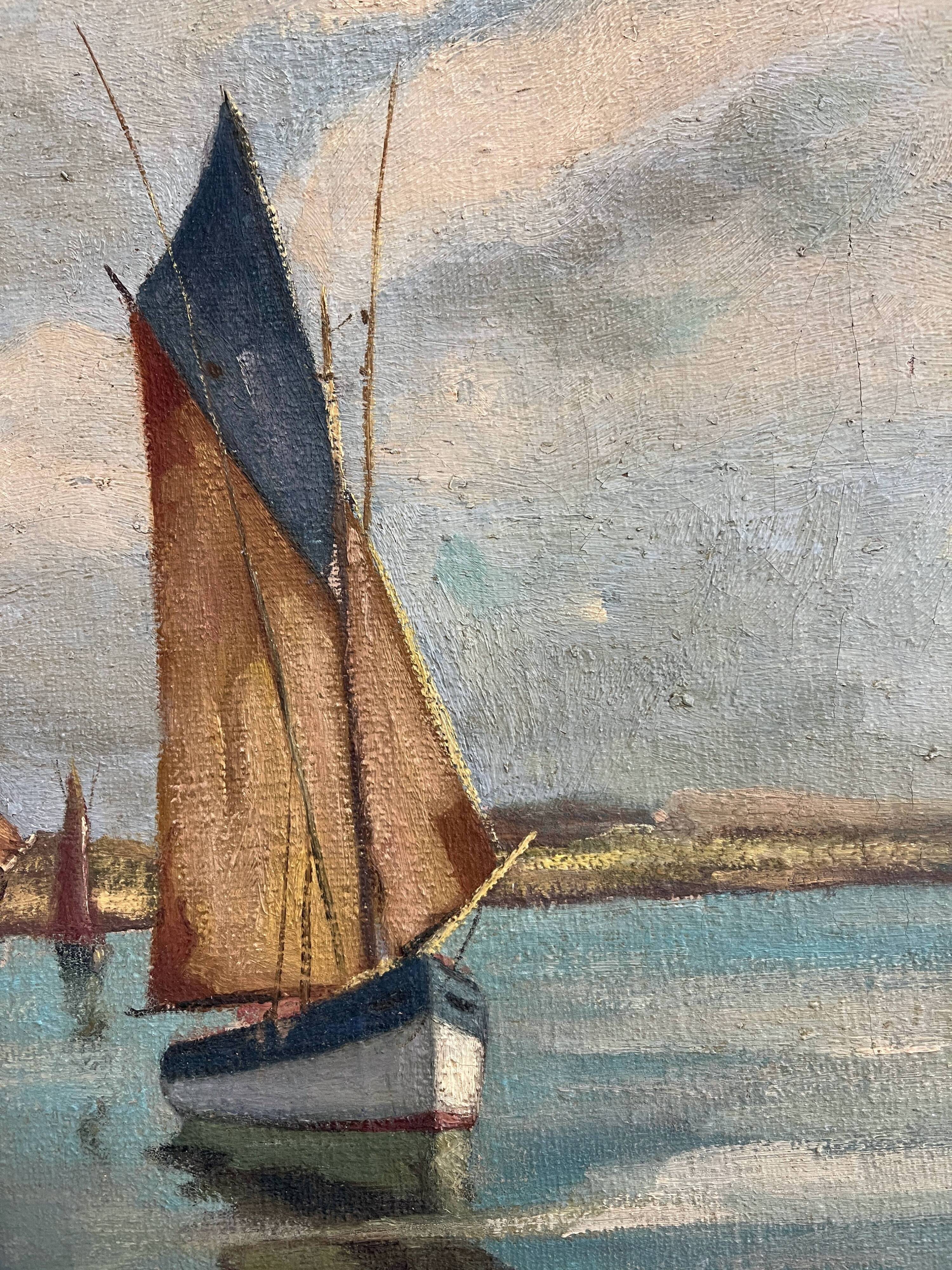 HST Marine painting "Sailboats in port" early 20th century signed