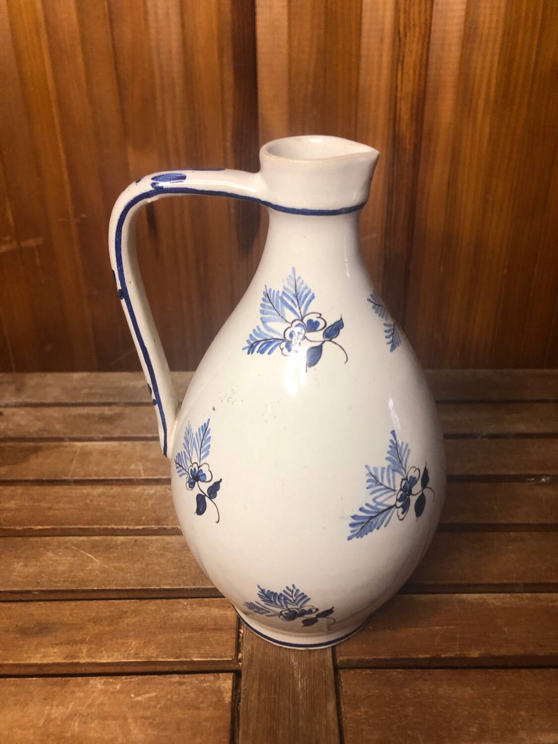 Old white ceramic pitcher vintage painted blue decor #a425