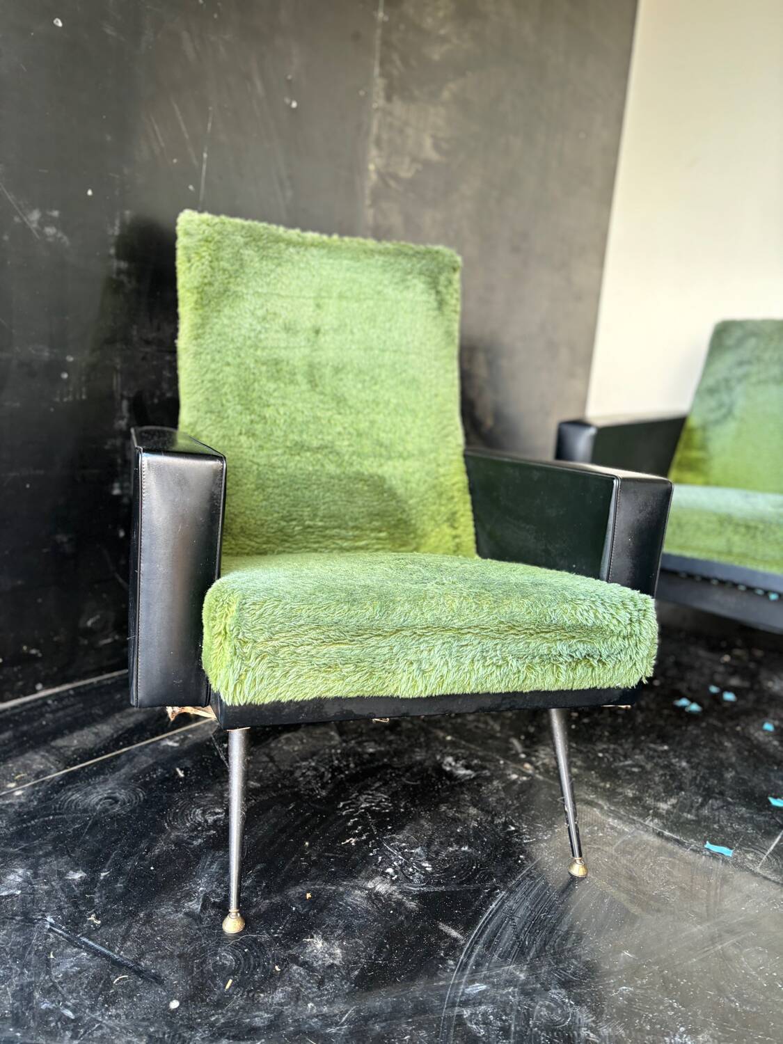 Vintage 70s green moumoute sofa and armchair
