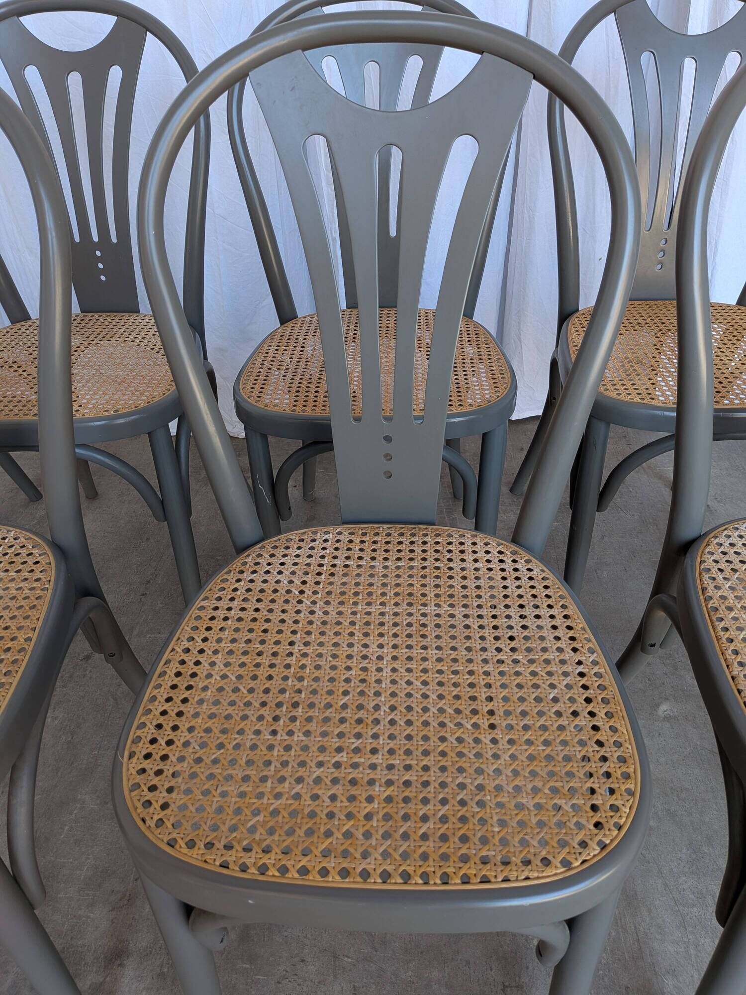 Set of 8 Vintage Gray Bentwood Dining Chair: Thonet Style Cane Seat