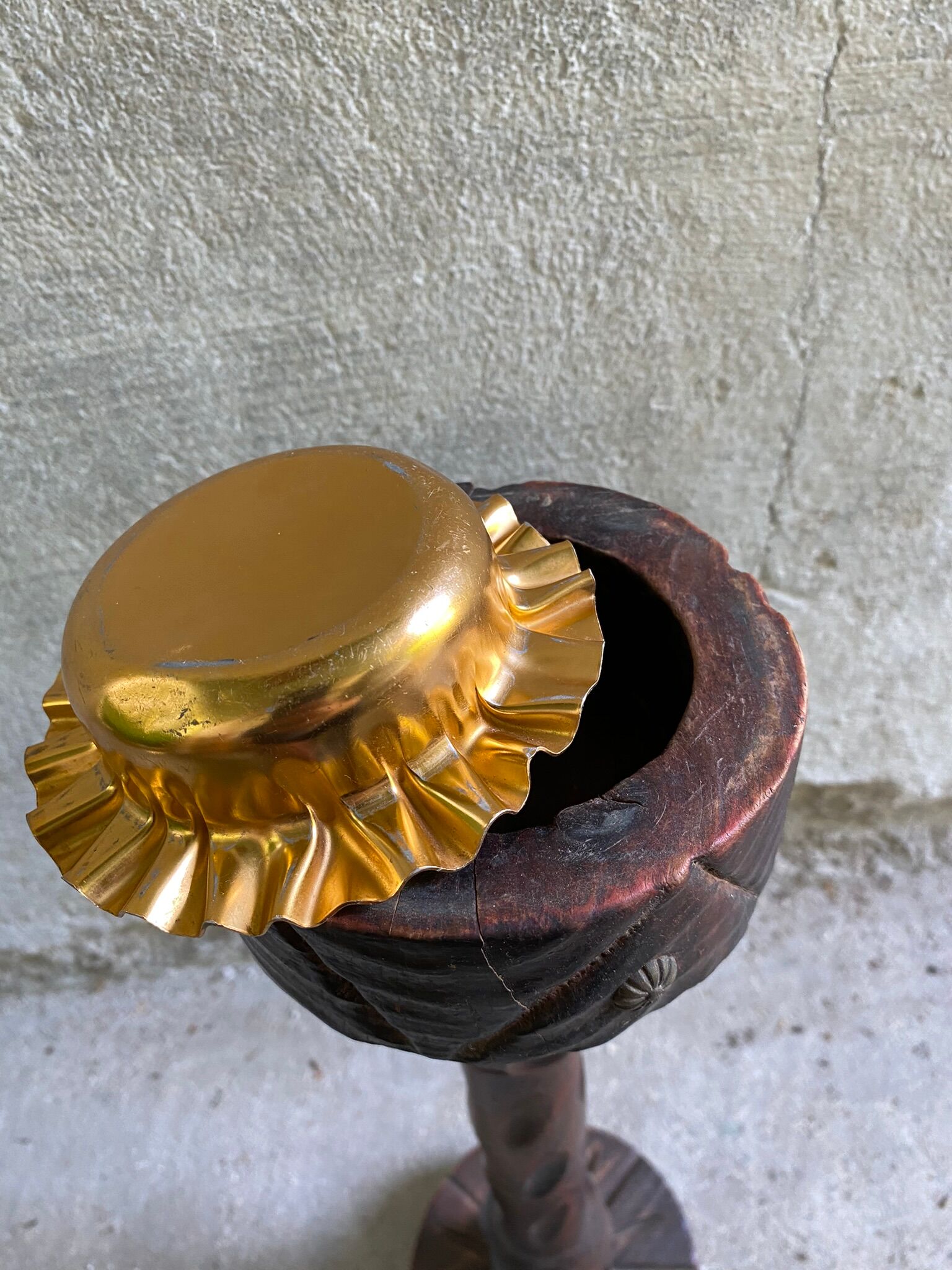 Rustic ashtray carved wood on vintage stand