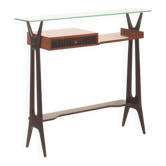Mid Century Italian Rosewood, Ebonized Maple, Brass and Glass Console Table 1950