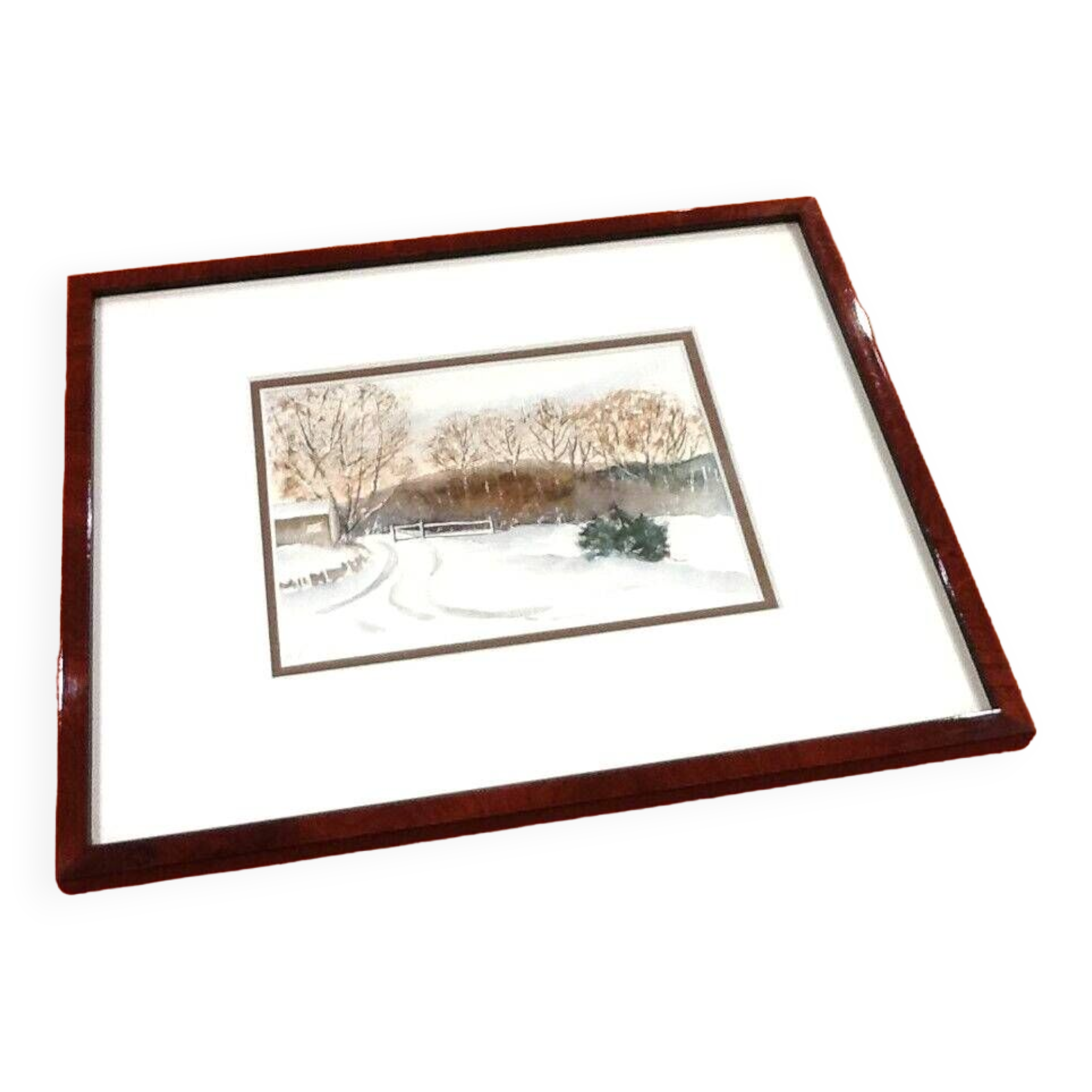 Framed watercolor Winter Landscape under the snow by D.Camelo