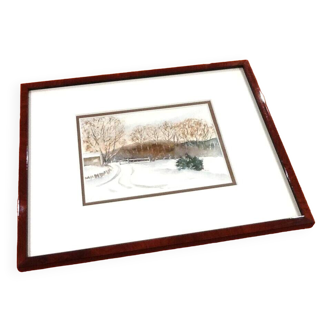 Framed watercolor Winter Landscape under the snow by D.Camelo