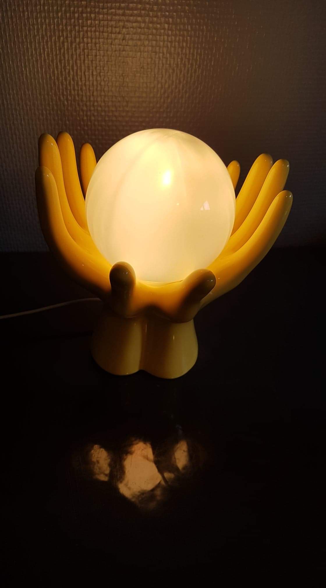 Yellow ceramic hand lamp with white opaline globe