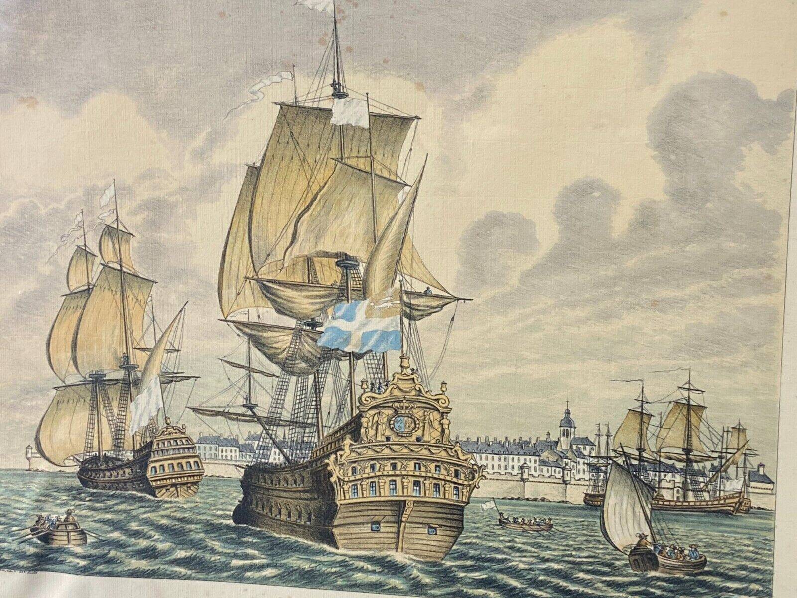 Lithograph view of Saint Malo 17th century with sailboats signed Daniel Derveaux