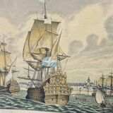 Lithograph view of Saint Malo 17th century with sailboats signed Daniel Derveaux