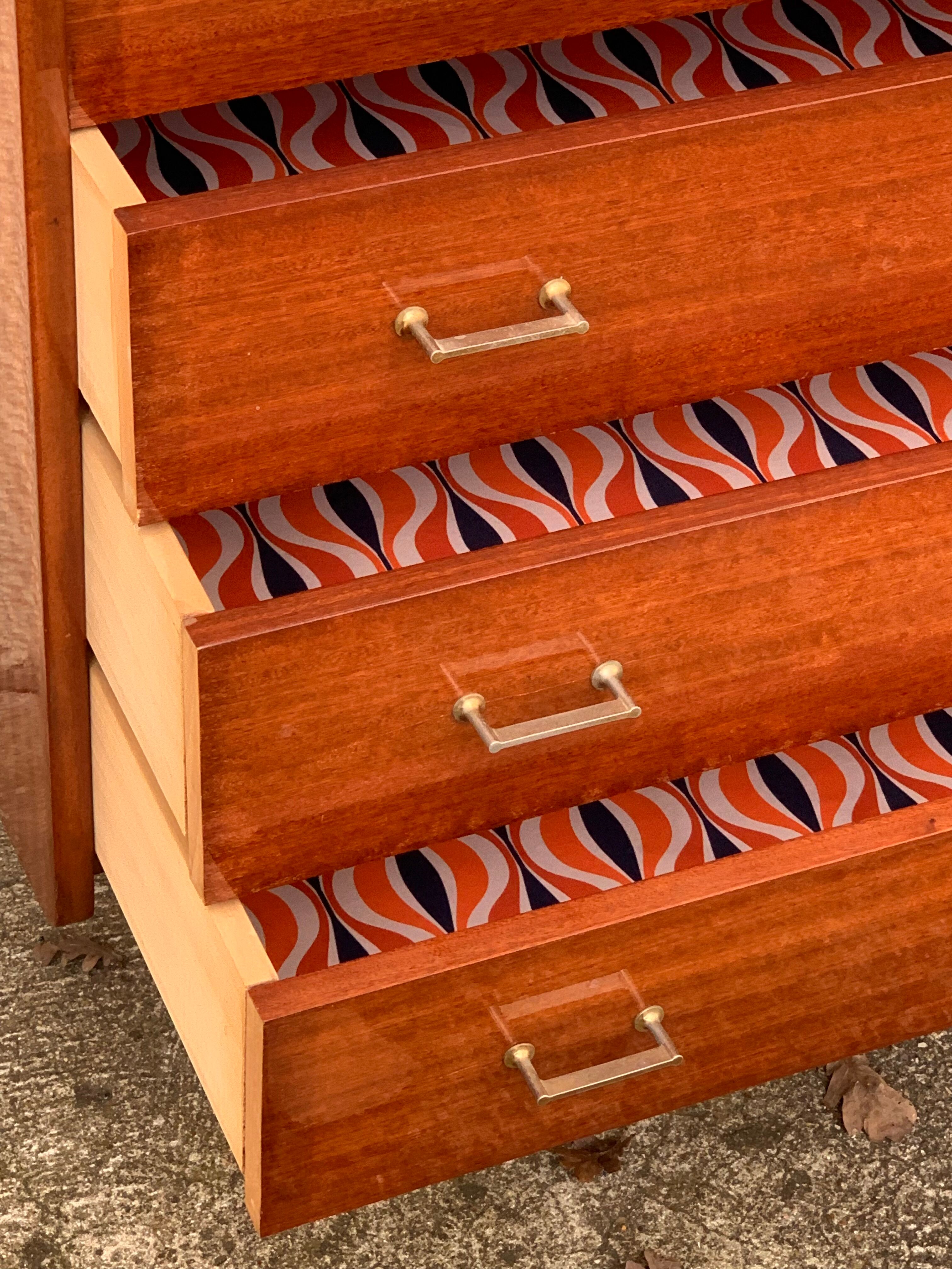 Vintage varnished teak chest of drawers 1970