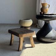 Small stool, rectangular rounded solid teak side table.