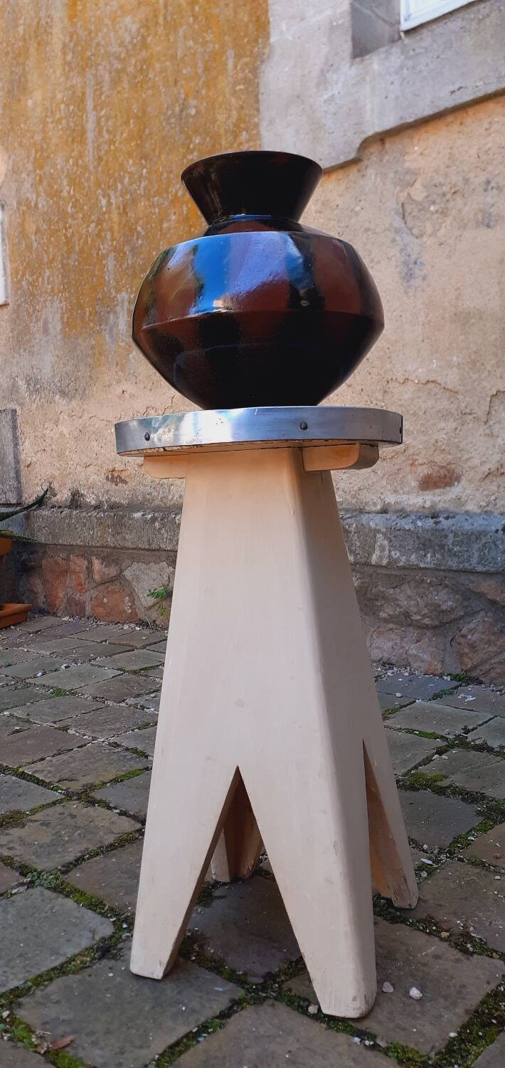 Tabouret,  porte plante vintage année 50 pied compas en chêne