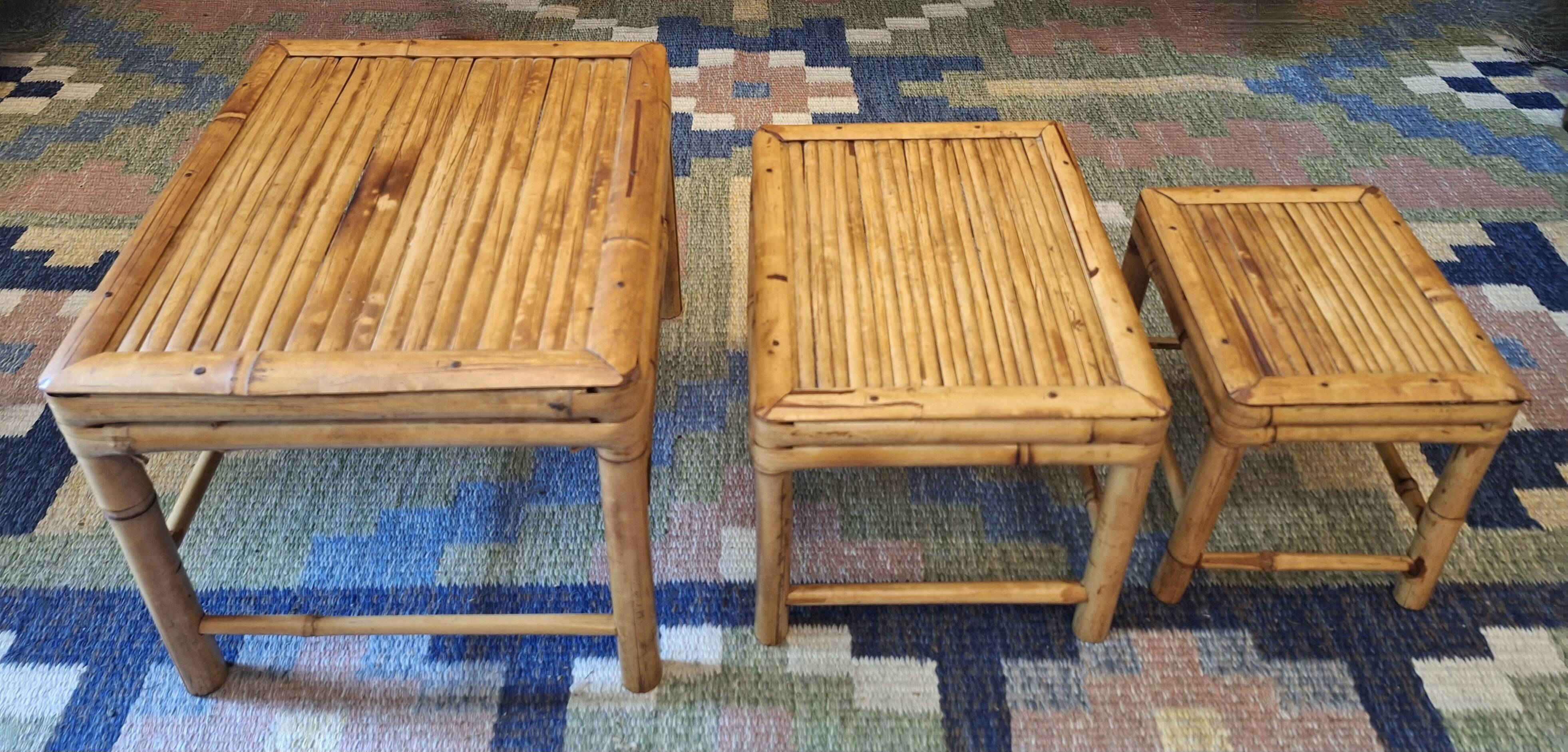 Mid century nest of 3 patinated bamboo tables, 1960s