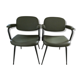 Pair of khaki green metal and skai armchairs from the 1960s