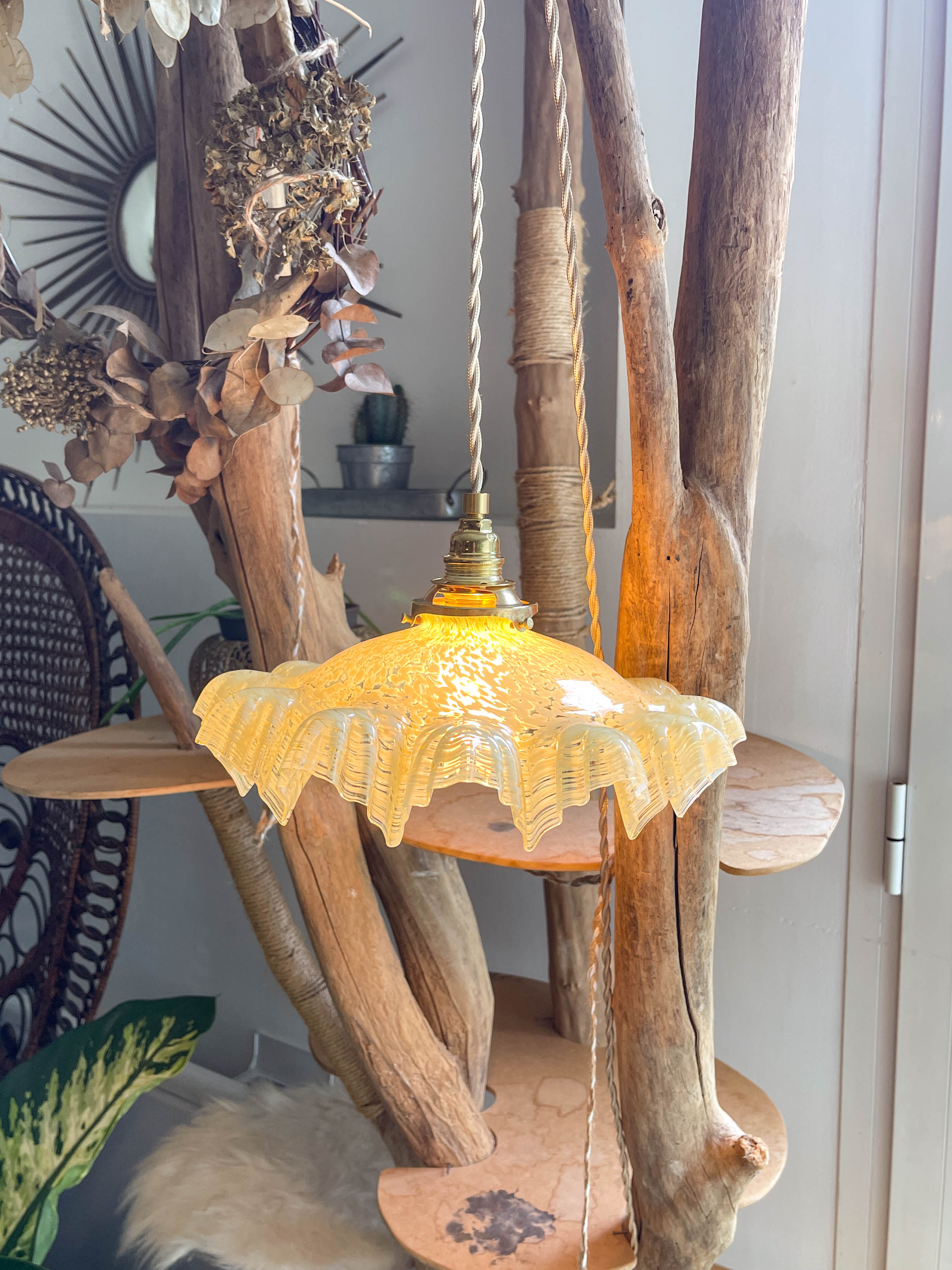 Vintage yellow pleated clichy glass portable lamp