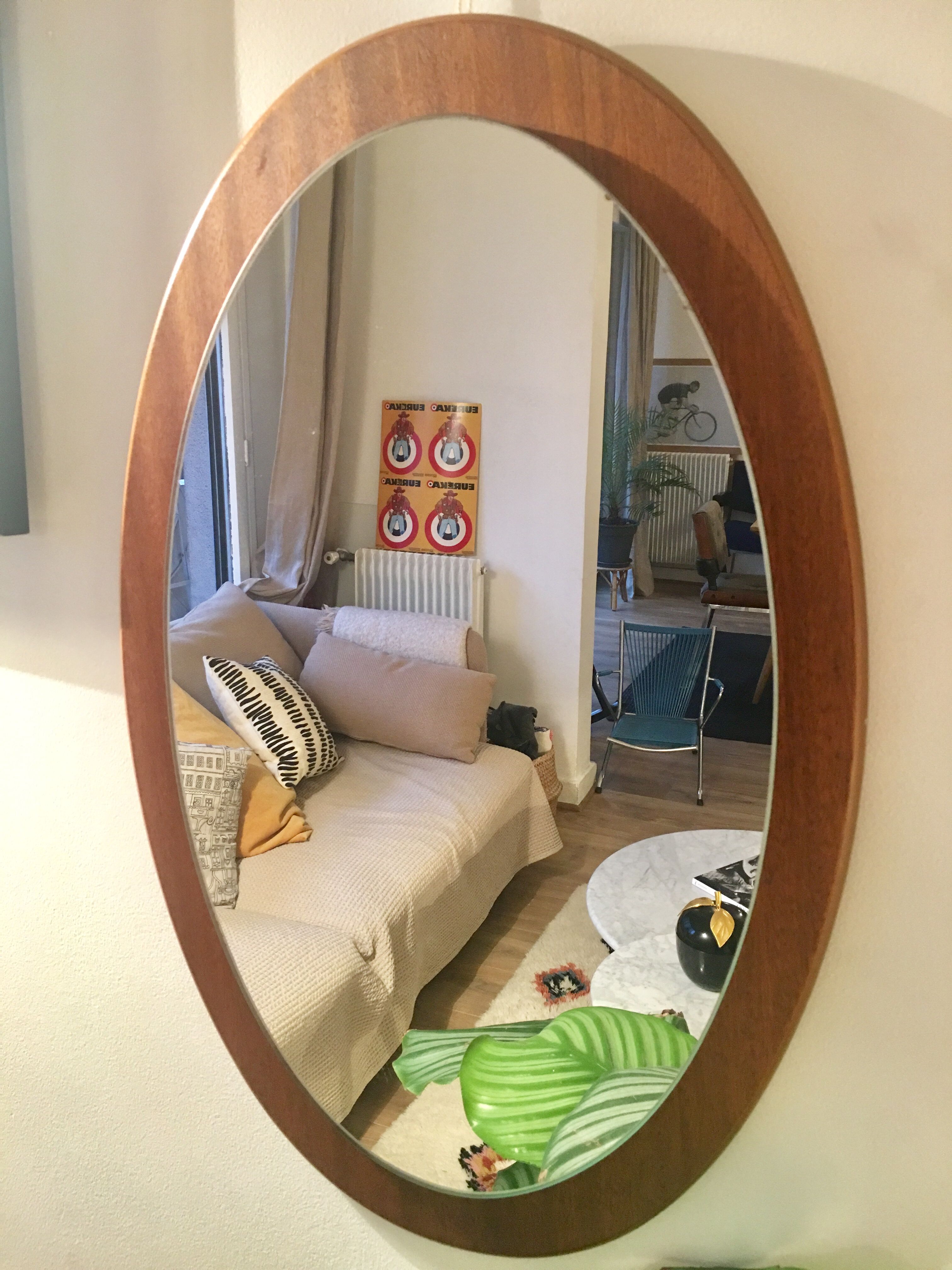 Mirror Scandinavian teak oval 36x57cm