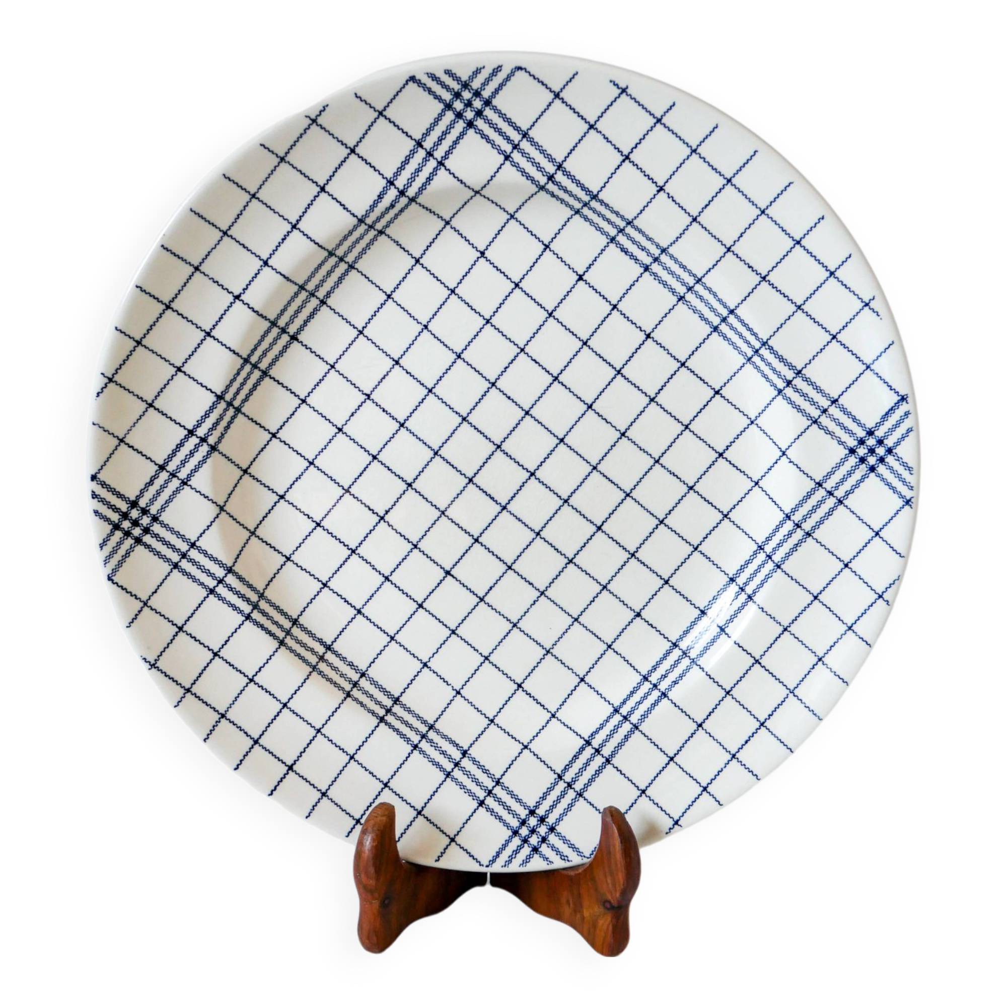 large round dish Gien blue and white striped 1960