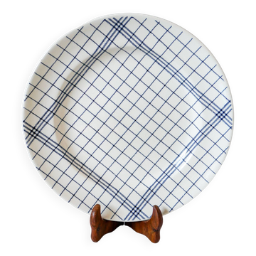 Plat rond Gien rayé bleu et blanc 1960