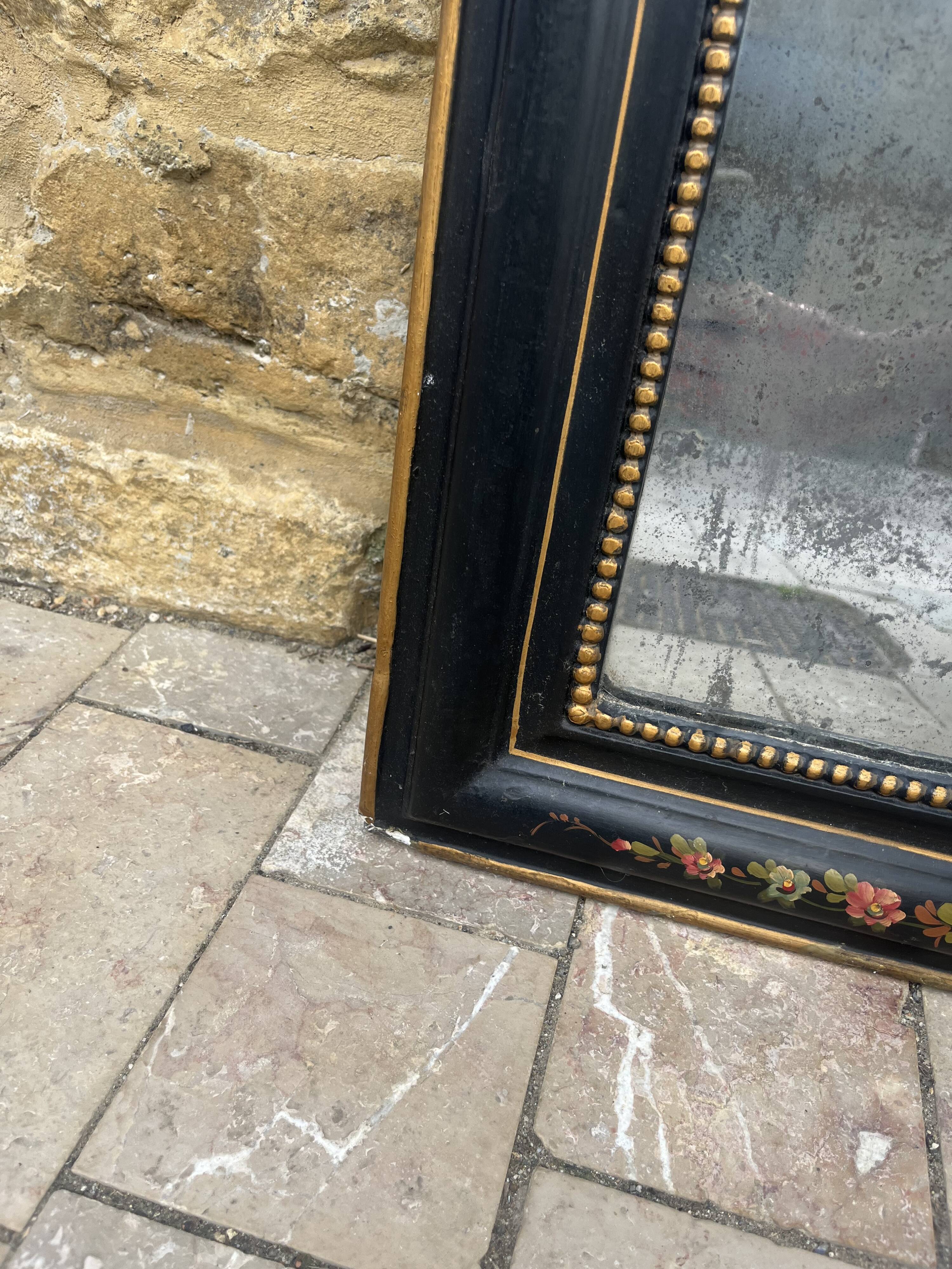 Antique Napoleon III mirror, black frame with hand-painted floral decoration – 19th century