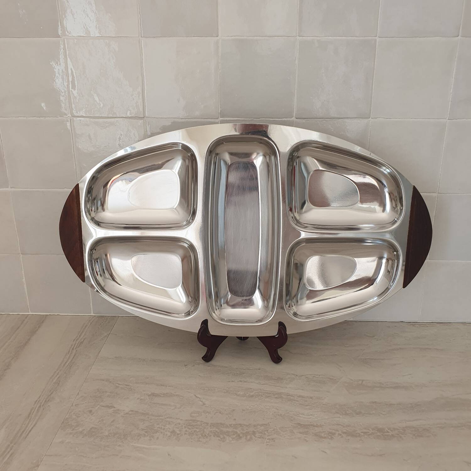 Plateau inox 18/10 poignées en bois multi compartiment Vintage