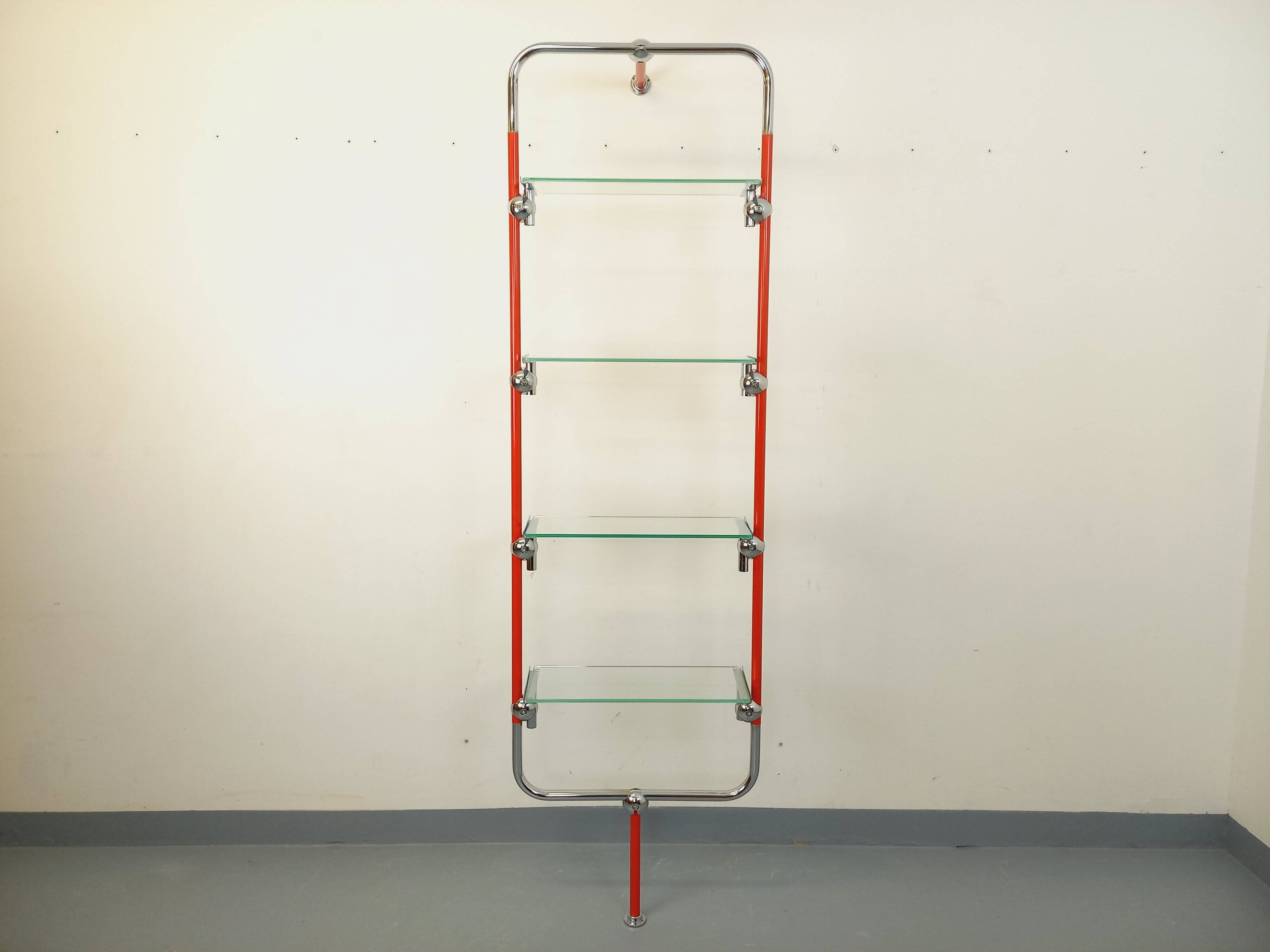 Modular bookshelf in vintage Bauhaus style, red metal, chrome.