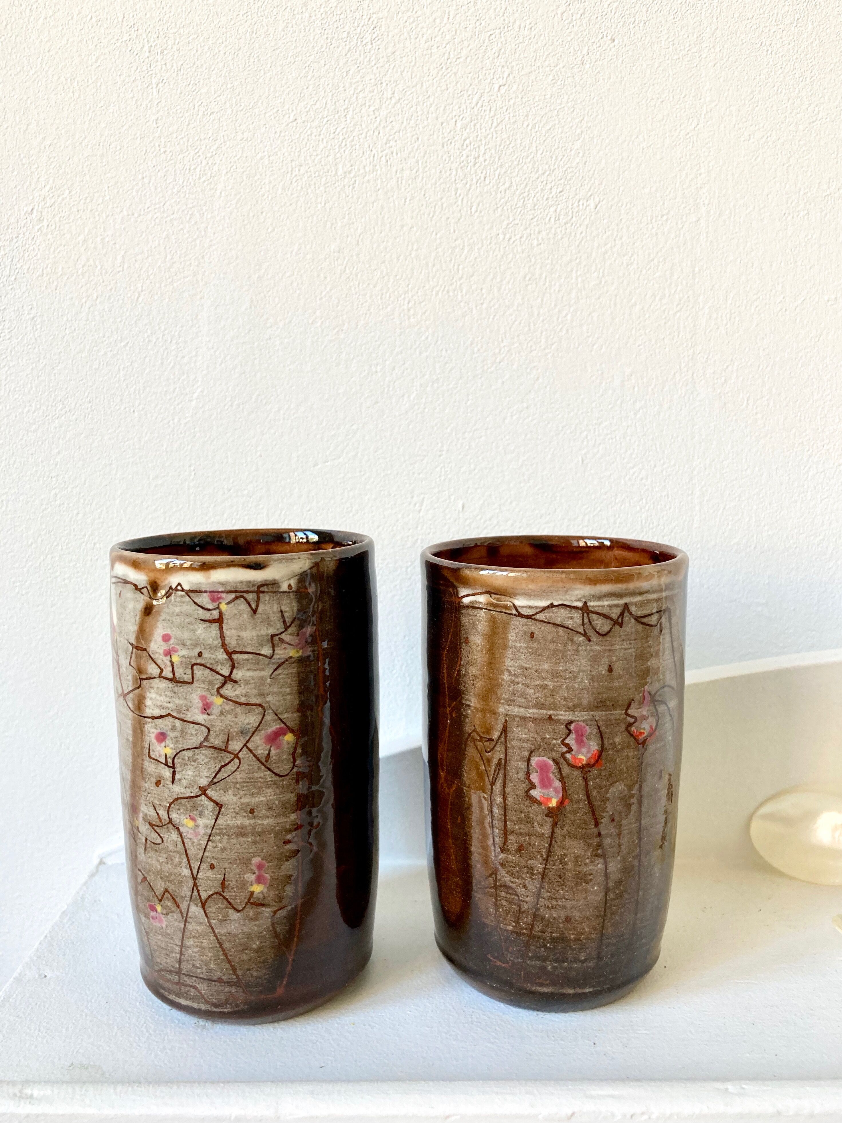 Pair of enamelled stoneware mazagran cups