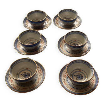 Matching cups & saucers - Chinese porcelain, translucent rice grains & Chinese gold edging